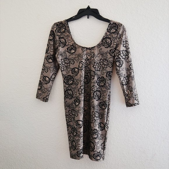 Forever 21 Lace Print Pattern Bodycon Dress Taupe - Picture 2 of 4